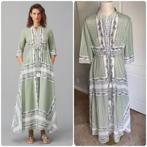 Tory Burch Sage Green and White Printed Tie-Waist Midi Dress